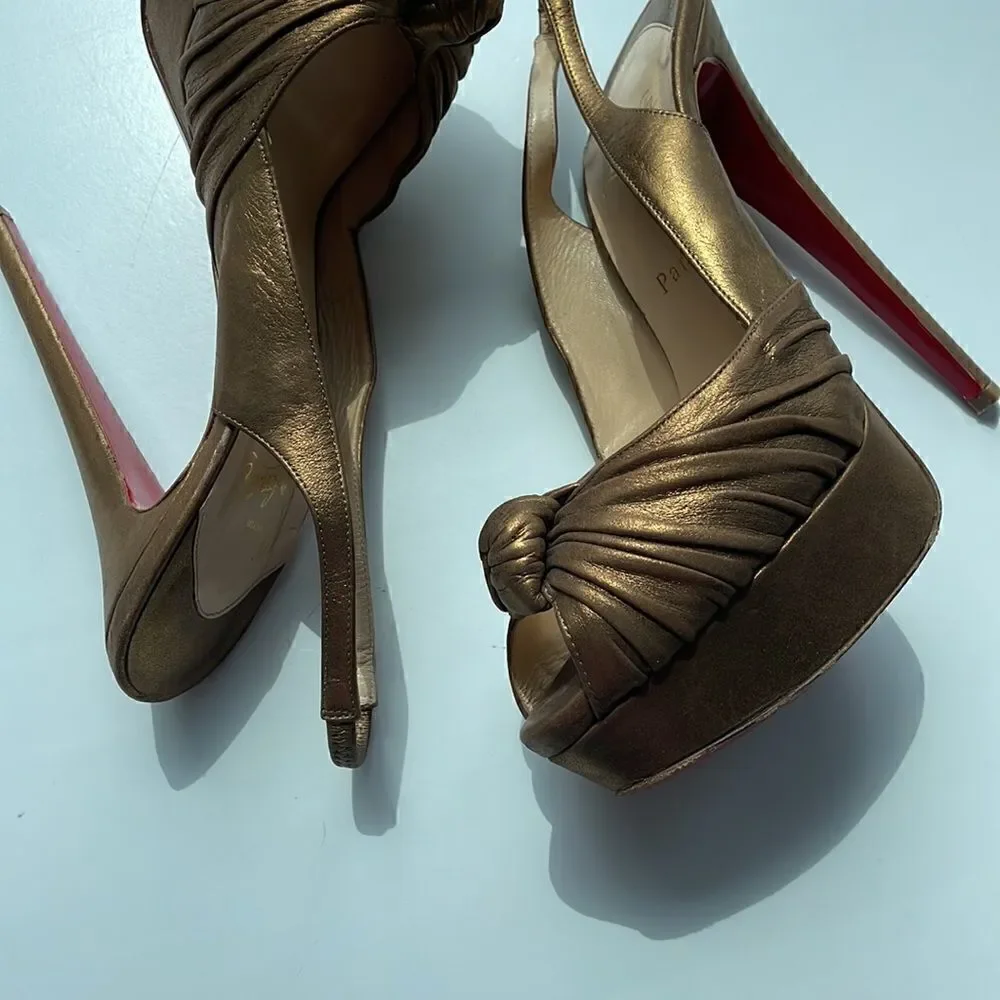 Christian Louboutin Peep Toe Golden Glam Bronze Leather Red Bottom Heels 40.5
